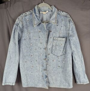 Monique Fashions size 13/14 denim blazer light blue with rhinestones